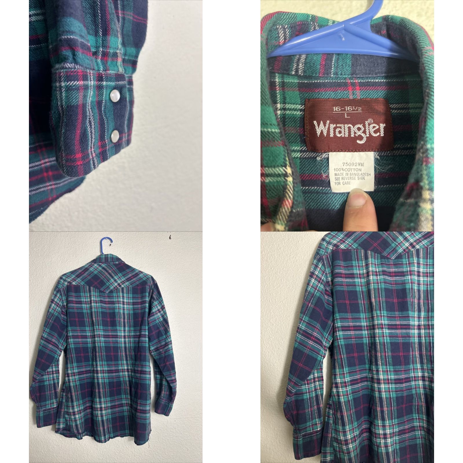 Wrangler VINTAGE Wrangler Mens Large Green Plaid Pearl Snap Shirt Long Sleeve 100% Cotton Size US L / EU 52-54 / 3 - 8 Thumbnail
