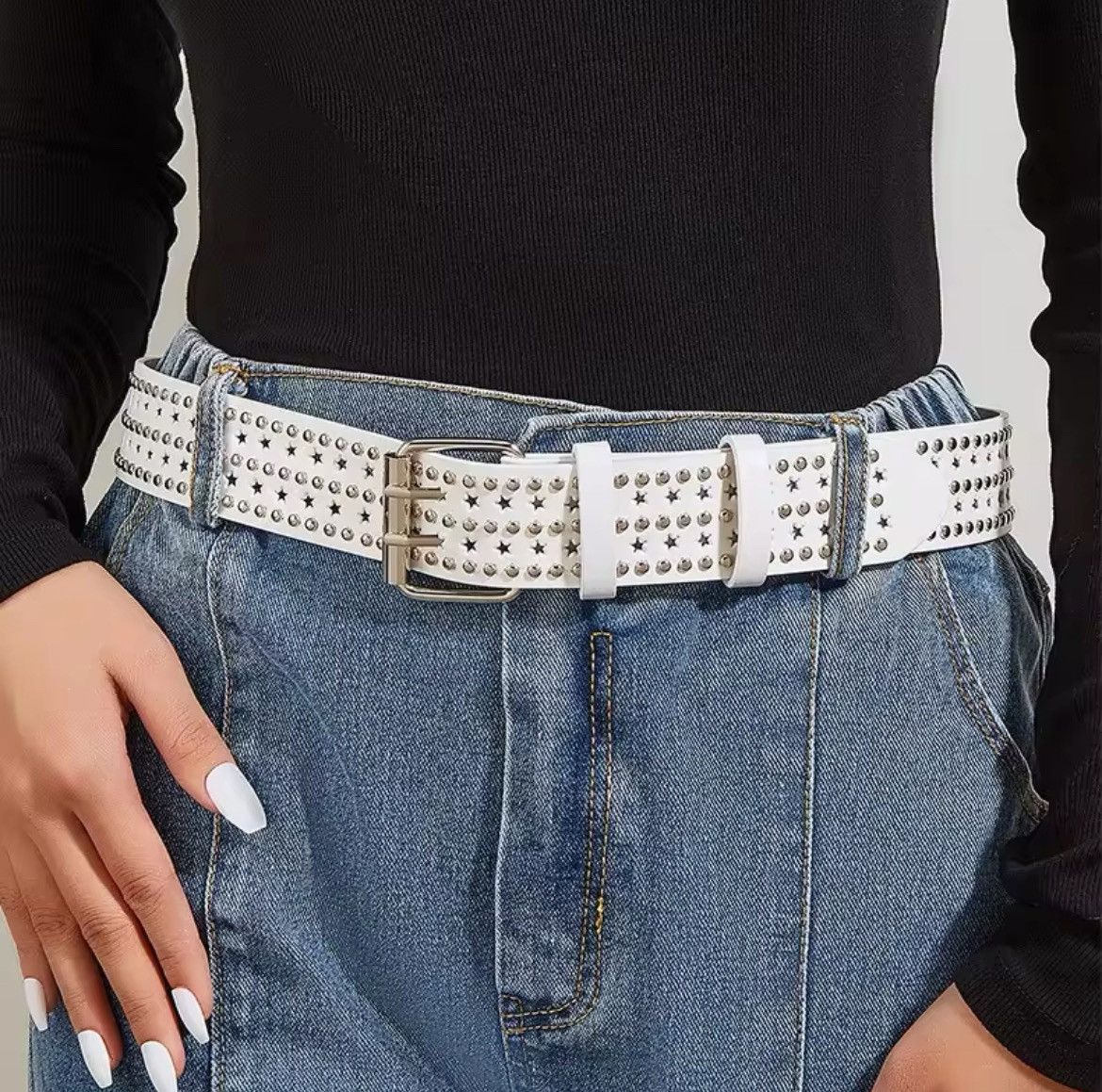 Designer 110cm White Punk Star Rivet Belt Size ONE SIZE - 4 Thumbnail