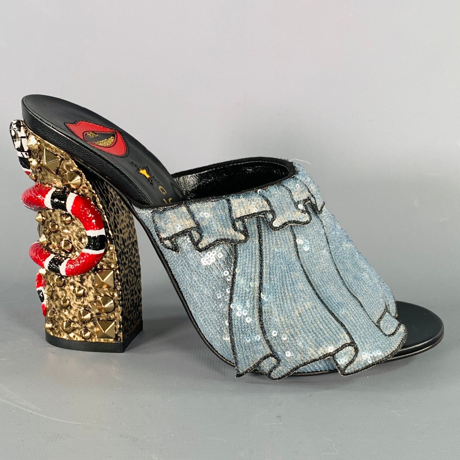 Gucci Size 8 Trompe L'oeil Blue Red Gold Beaded Mules Sandals Size US 8 / IT 38 - 2 Thumbnail