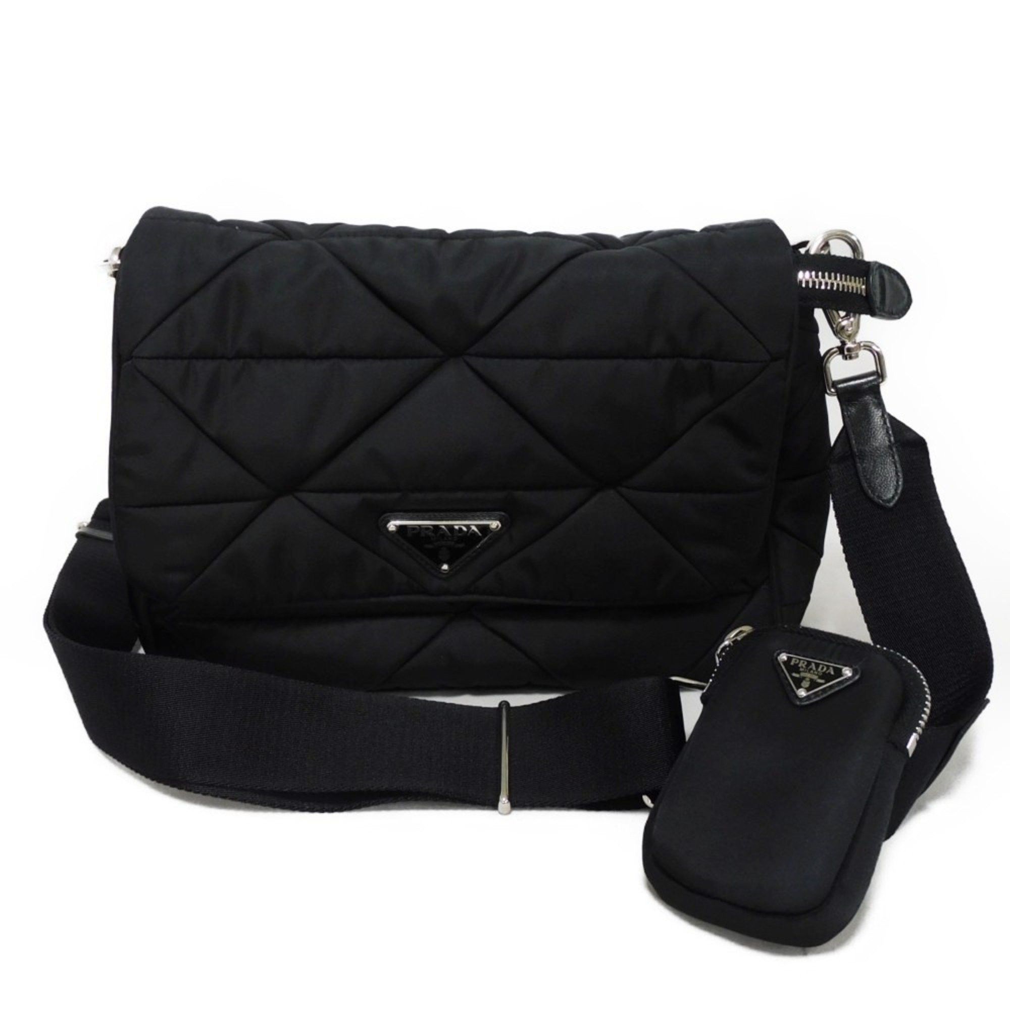 Prada Shoulder Bag Padded Re-Nylon Crossbody Stitch Black Pouch Rfid Triangle 1Bd290 Rdjn F0002 Men's Women's