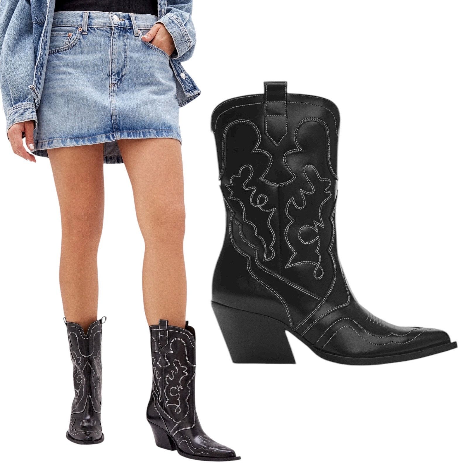 Mango Mango Leather Cowboy Ankle Boots Embroidery Black 39/ 8.5 Size US 8.5 / IT 38.5 - 3 Thumbnail