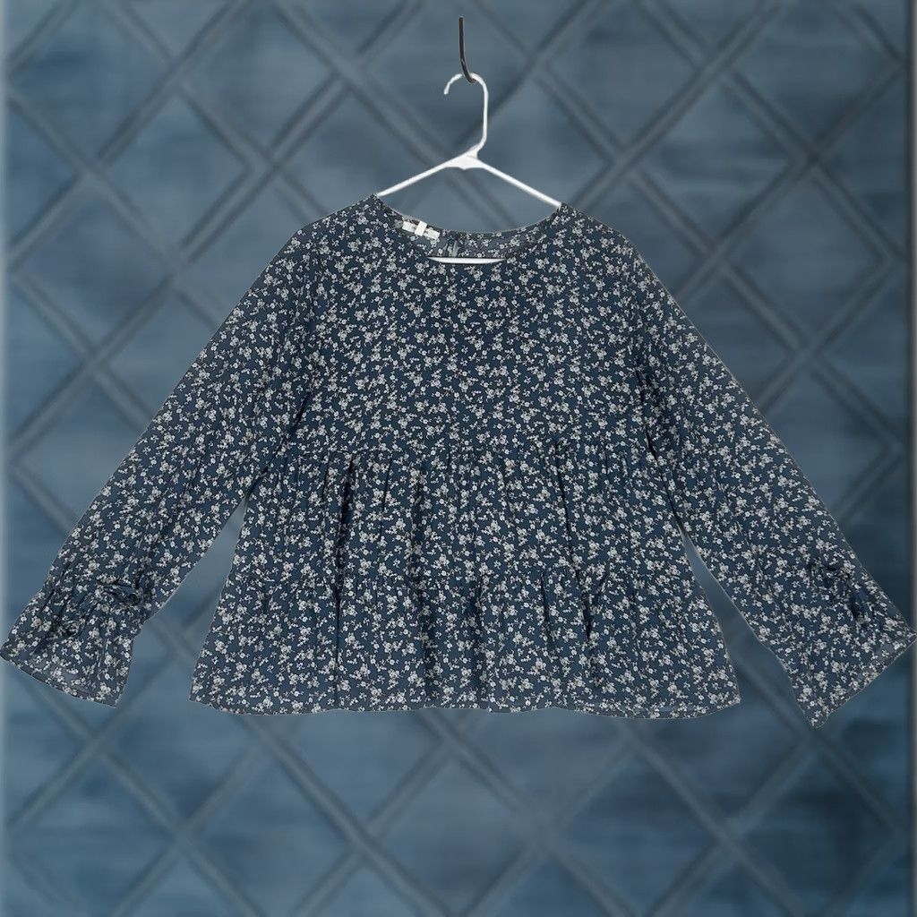 Vintage Maurices Blouse Shirt Womens Medium Blue Long Sleeve Round Neck Floral Beaded Button Ruffle Casual Size M / US 6-8 / IT 42-44 - 1 Thumbnail