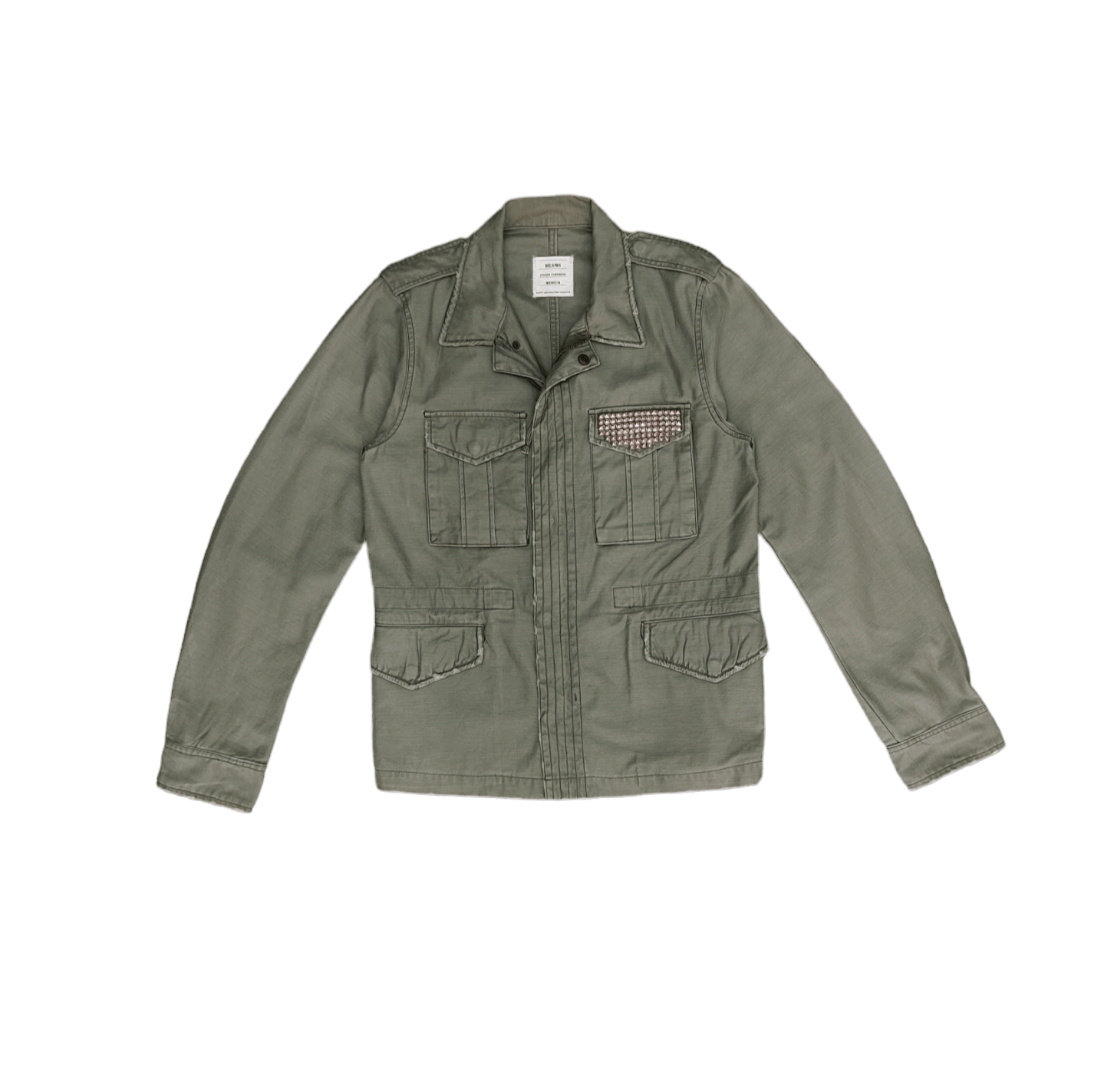 Beams Plus 2000s Beams Studded Pocket Olive Green Military Field Shirt Size US M / EU 48-50 / 2 - 1 Thumbnail