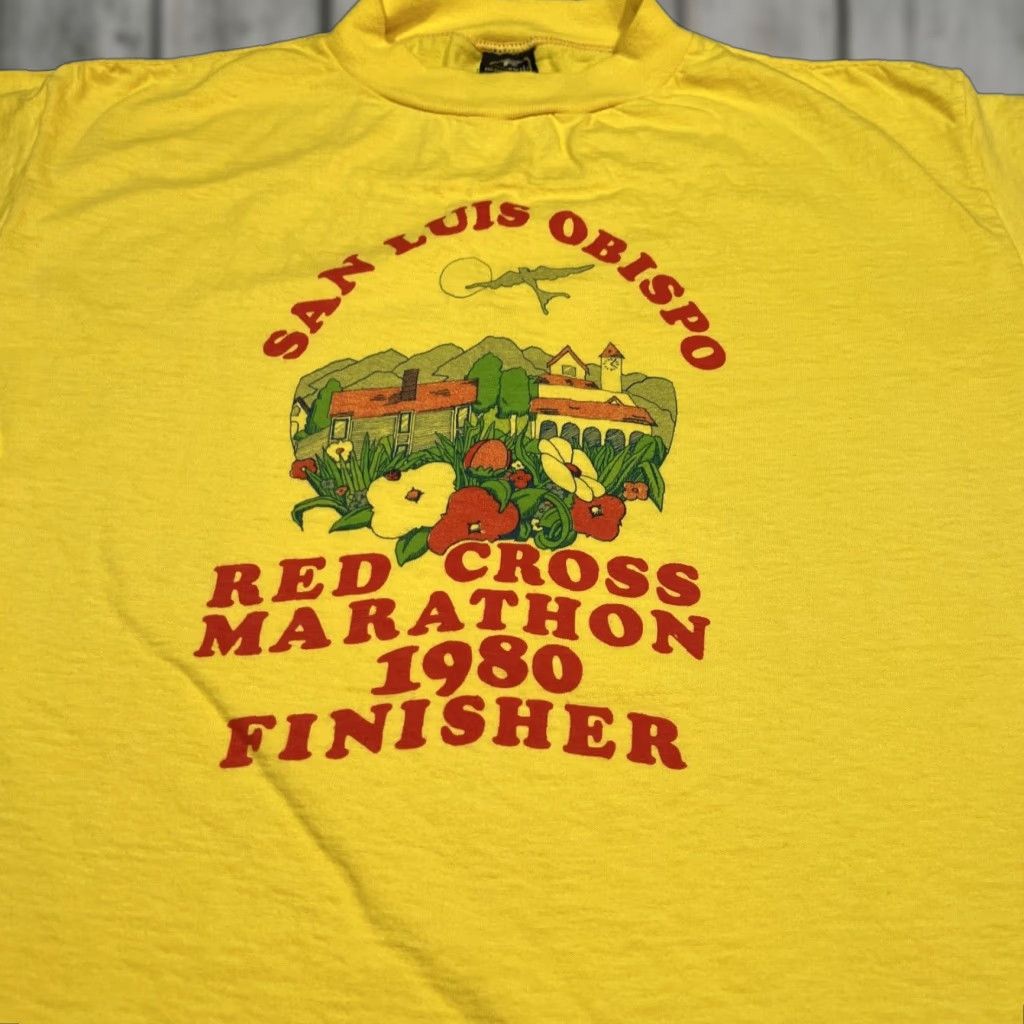 Anvil VINTAGE Red Cross Marathon Finisher Shirt San Luis Obispo 1980s Anvil XL Unisex Short Sleeve Yellow/Red Graphic Tee Men Women Size US XL / EU 56 / 4 - 1 Thumbnail
