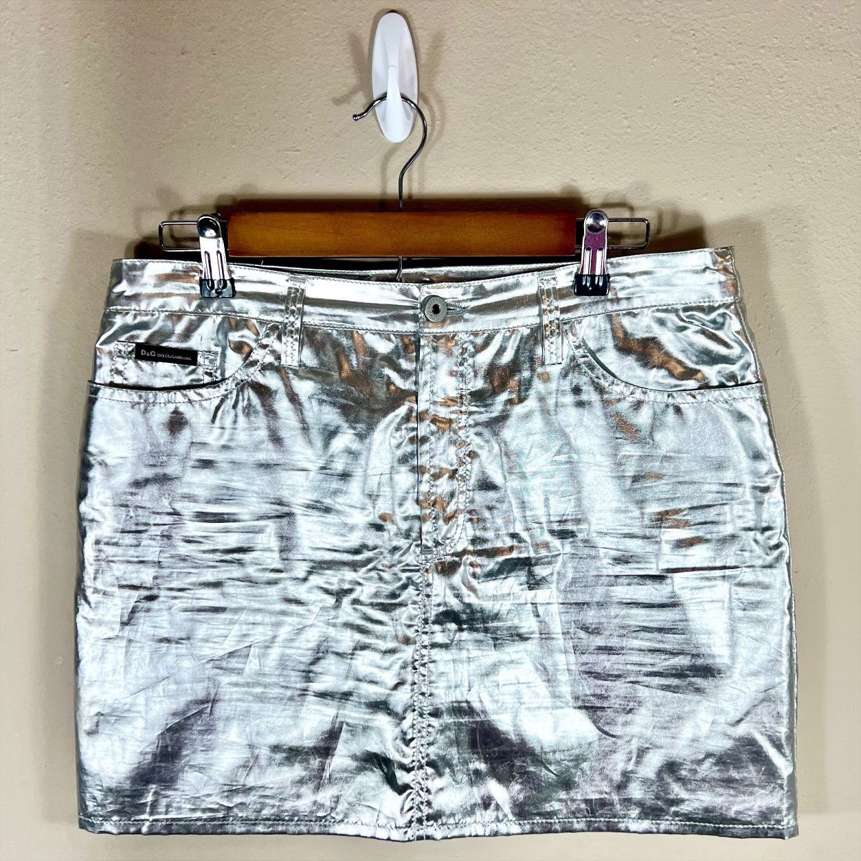 image of Dolce Gabbana Pocketed Metallic Silver Mini Skirt, Women's (Size 34)