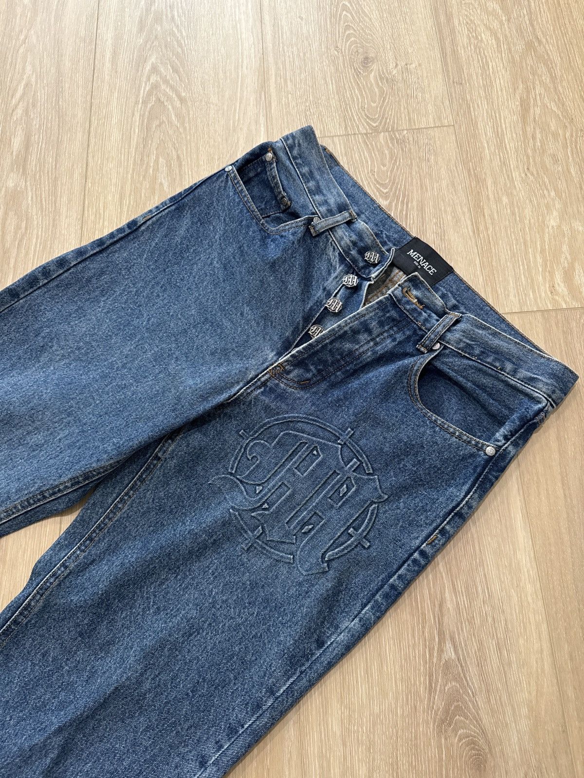 Menace Embossed Target Logo Denim Pants Blue size 30 Size US 30 / EU 46 - 1 Thumbnail