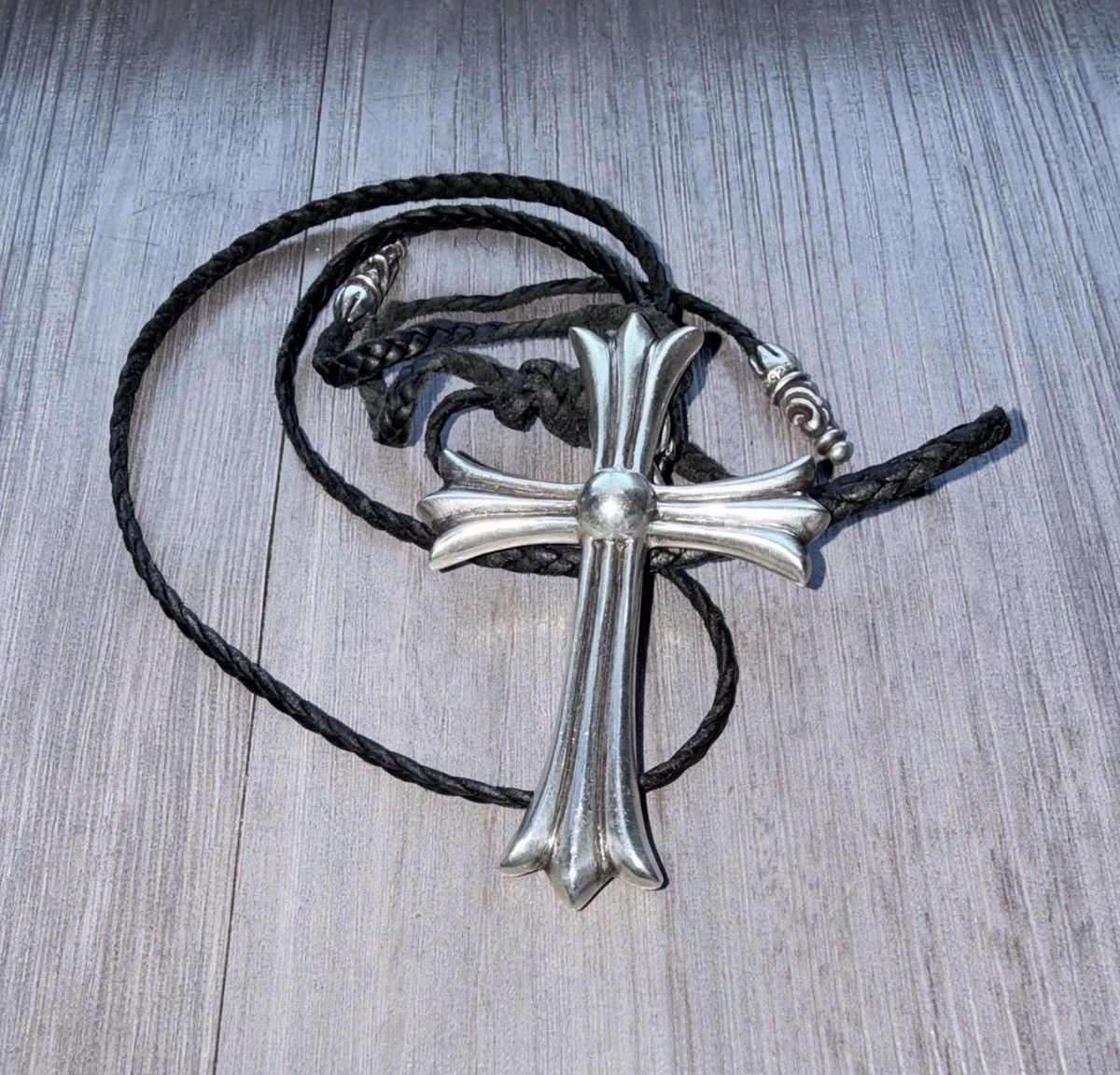 Chrome hearts large silver cross pendants with leather cord
