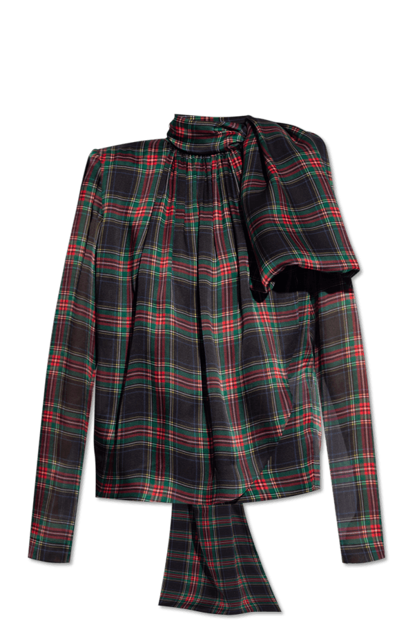 Saint Laurent Paris o1s1wg111024 Lavallière-Neck Blouse Plaid Silk Charmeuse Size XS / US 0-2 / IT 36-38 - 1 Thumbnail