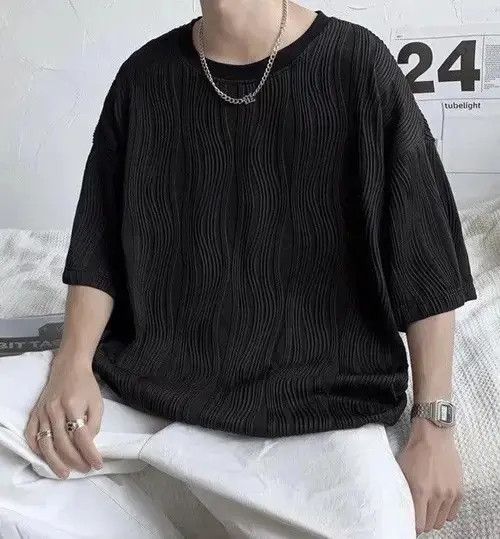 VIBE Korean Black Wave Pleated Oversized Relaxed Tee T-shirt Size US XL / EU 56 / 4 - 4 Thumbnail