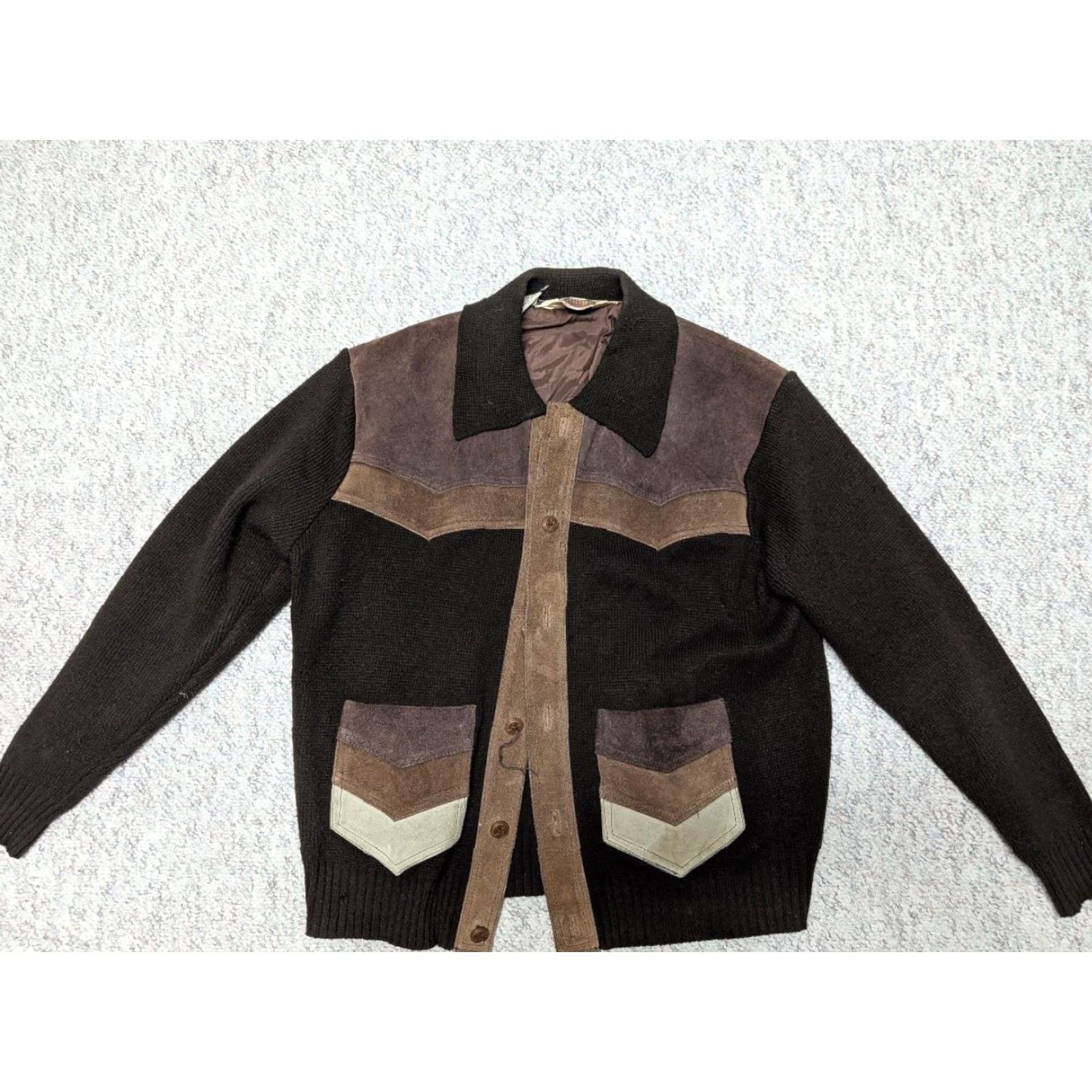 Eddie Bauer VINTAGE Eddie Bauer Sweater Cardigan Men S Wool Knit Wool Blend Leather Elbow Patches Gray/Tan 1970s Cowboy Western Cable-Knit Shawl Neckline 44LX? Size US S / EU 44-46 / 1 - 3 Thumbnail