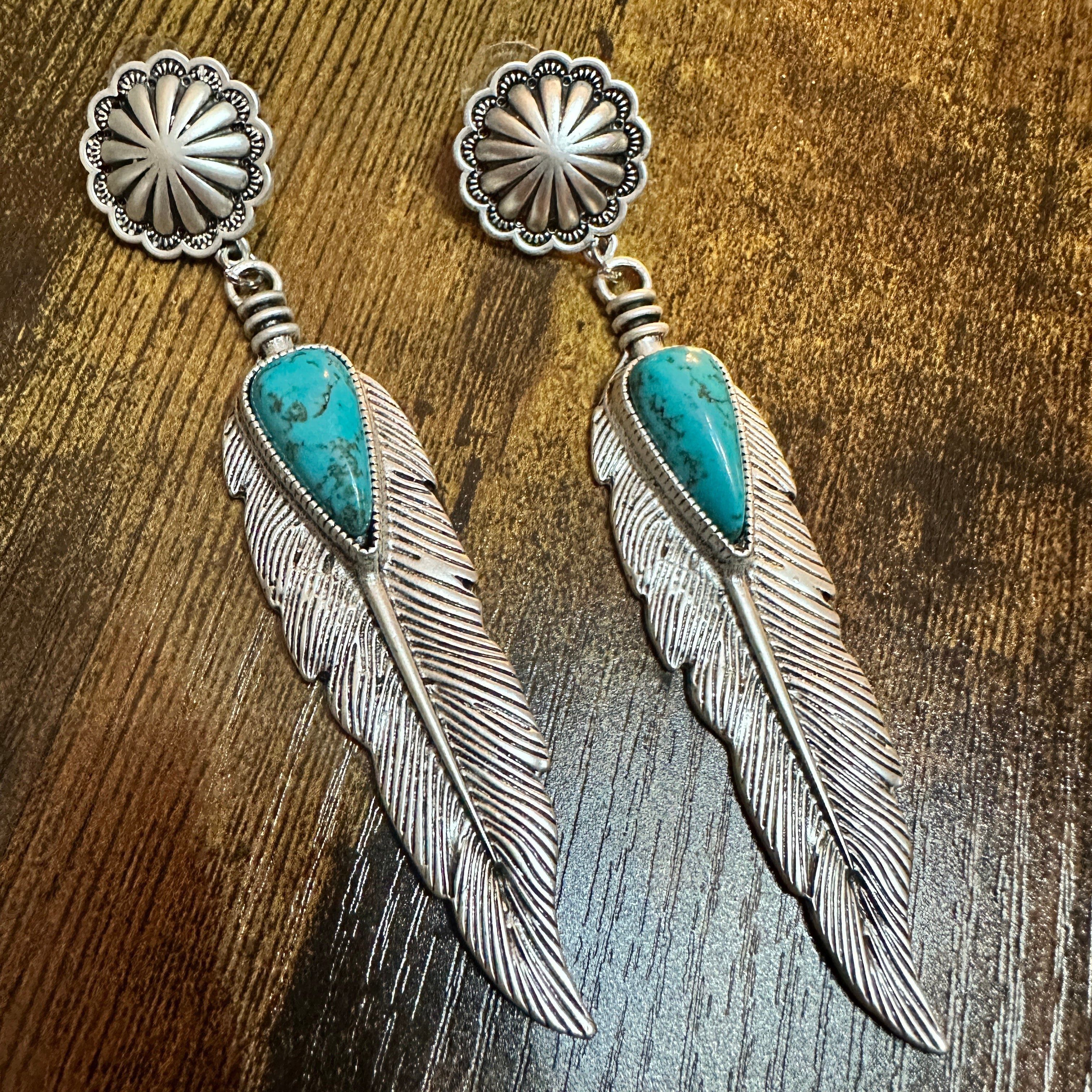 Other Feather Turquoise Post Earrings 4 Inches Long Antique Silver Size ONE SIZE - 3 Thumbnail