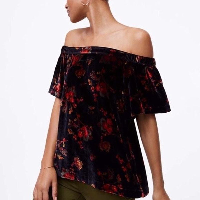 Ann Taylor LOFT | Floral Velvet Off The Shoulder Top | Small Size S / US 4 / IT 40 - 12 Thumbnail