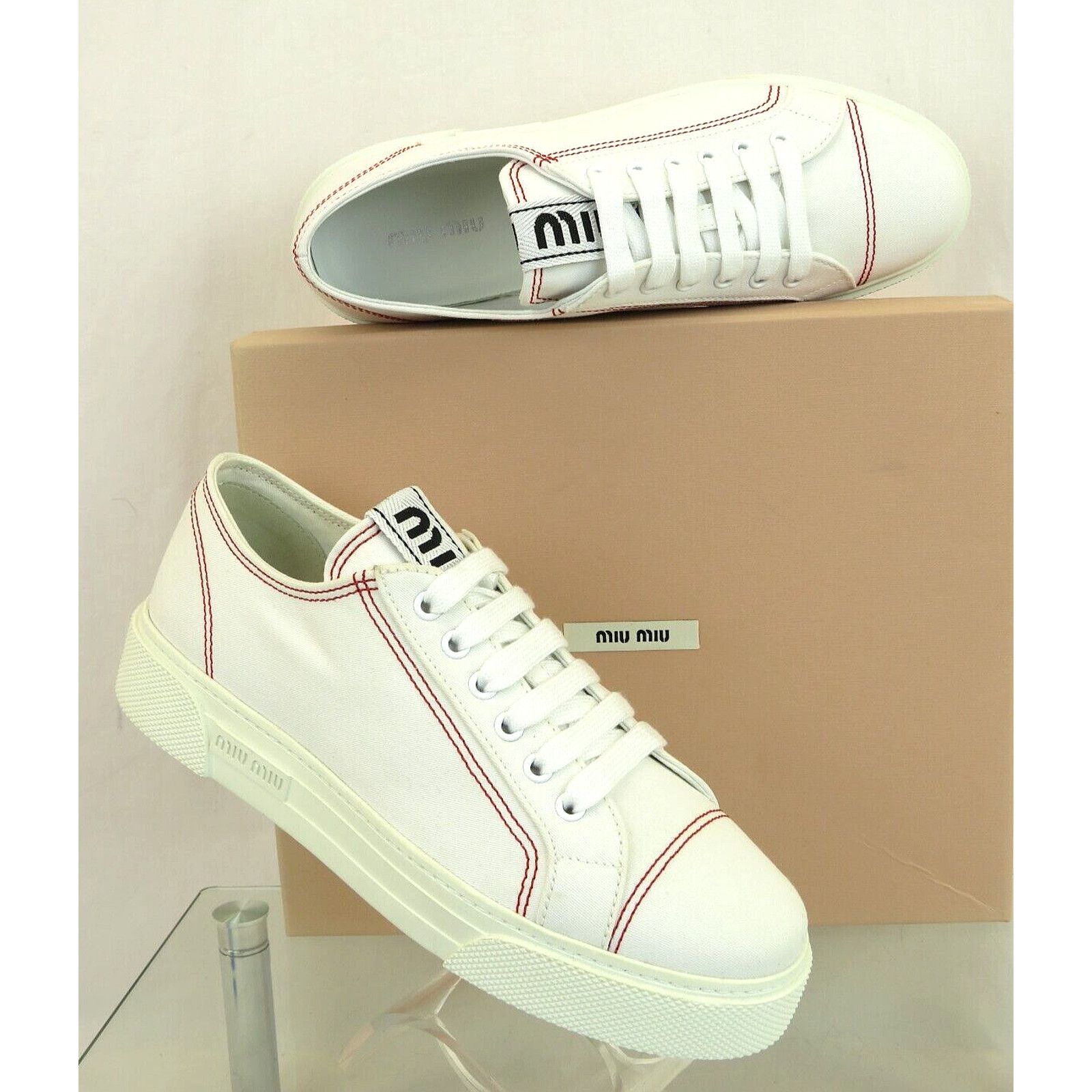 Miu Miu 5E004D WHITE CANVAS RED STITCHING LOGO LACE SNEAKERS 40 Size US 10 / IT 40 - 2 Thumbnail