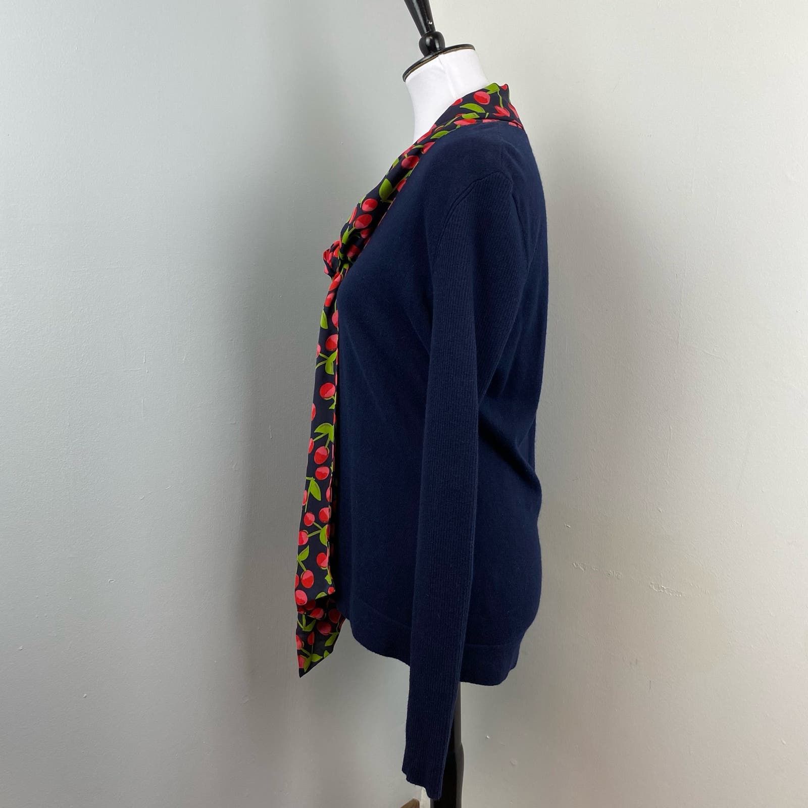 Tory Burch Tory Burch Navy Cashmere Silk Cherry Print Neck Tie Sweater Size L / US 10 / IT 46 - 6 Thumbnail