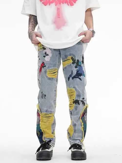 Japanese Brand × Jean Retro heavy embroidery ripped washed distressed jeans Size US 32 / EU 48 - 1 Thumbnail