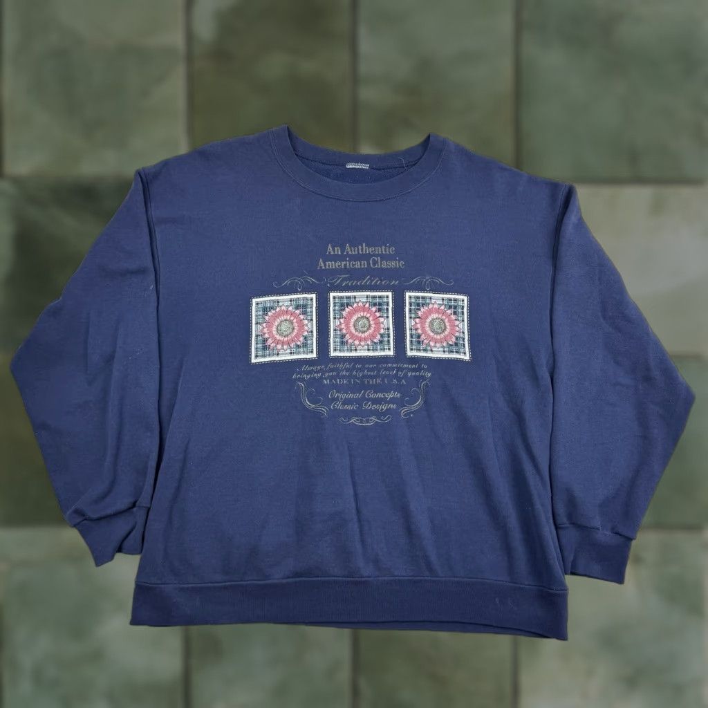Vintage VINTAGE American Classic Sweatshirt Men XL Blue Flower 90s Pullover Crew Neck Long Sleeve Size US XL / EU 56 / 4 - 1 Thumbnail
