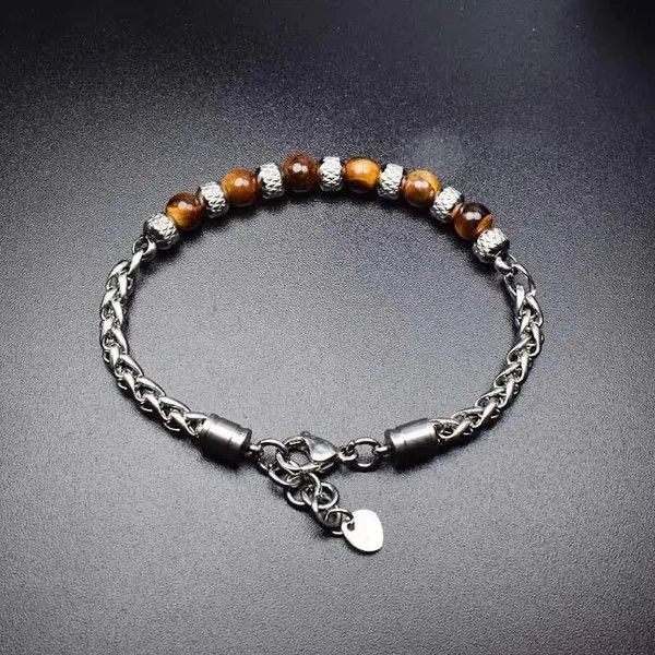 Handmade 6mm Brown Stone Beads Stainless Steel Bracelet Size ONE SIZE - 2 Thumbnail