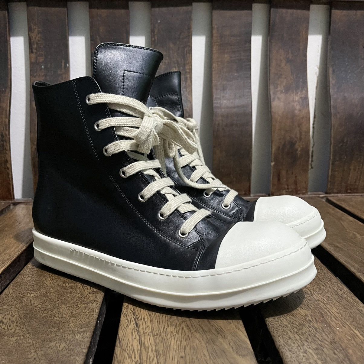 靴 Rick owens EDFU leather Ramones Rick Owens Rick Owens EDFU Leather Ramones Hi Top in Black | Grailed