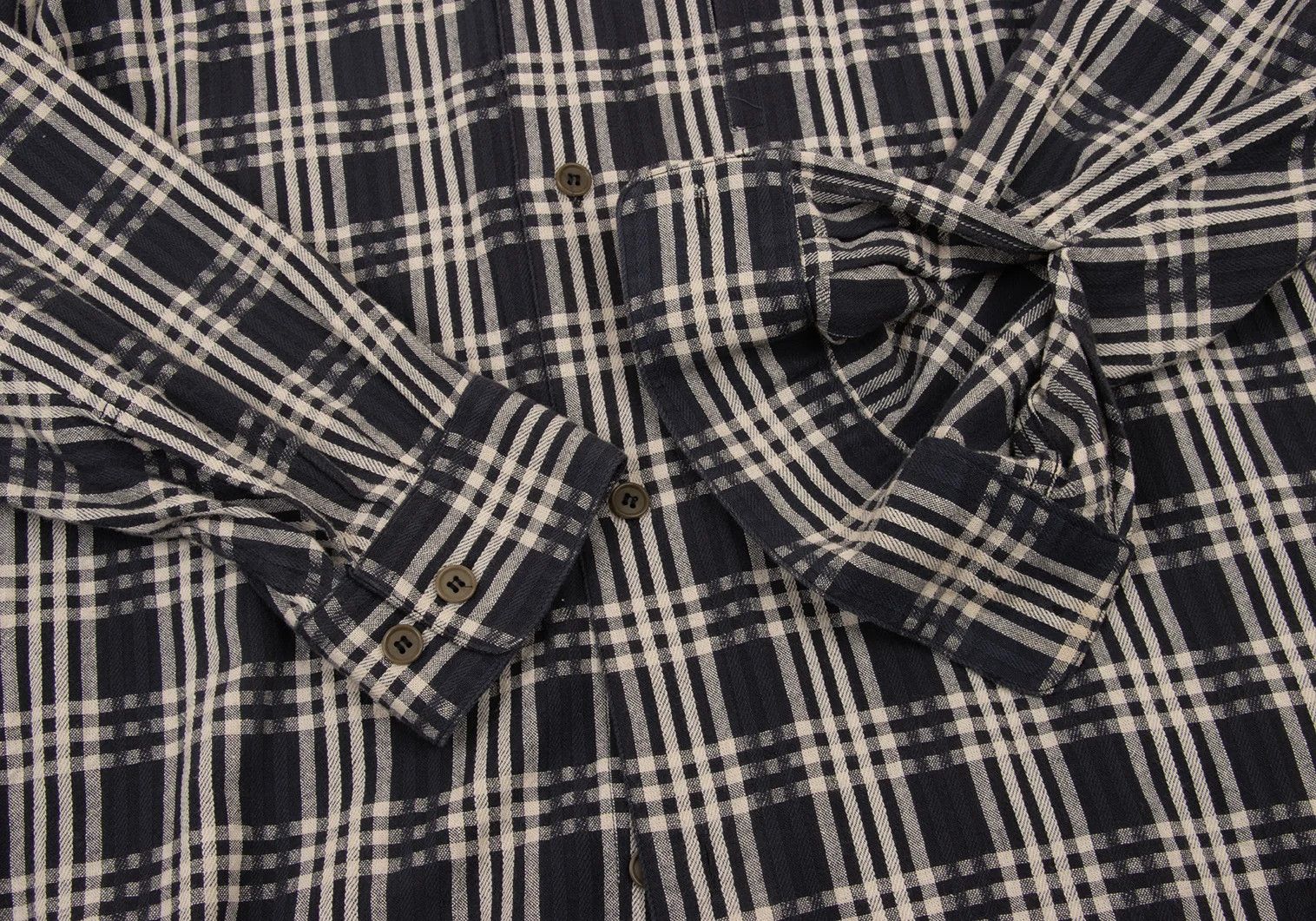 Issey Miyake Cotton Check Band Collared Shirt in Black Cream, M Size US M / EU 48-50 / 2 - 12 Thumbnail