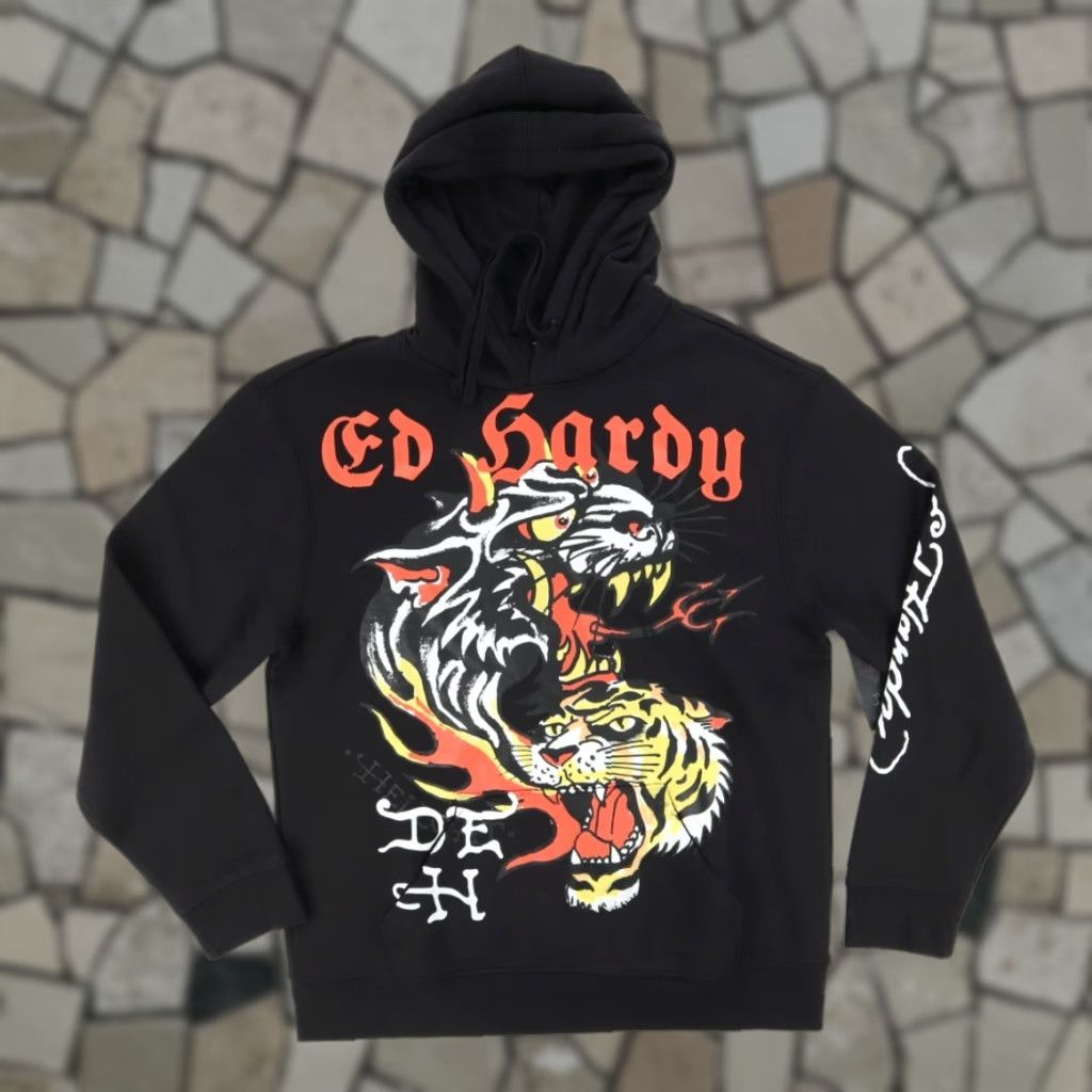 Ed Hardy Tiger Graphic Solid Long Sleeve Hoodie Black Men's M