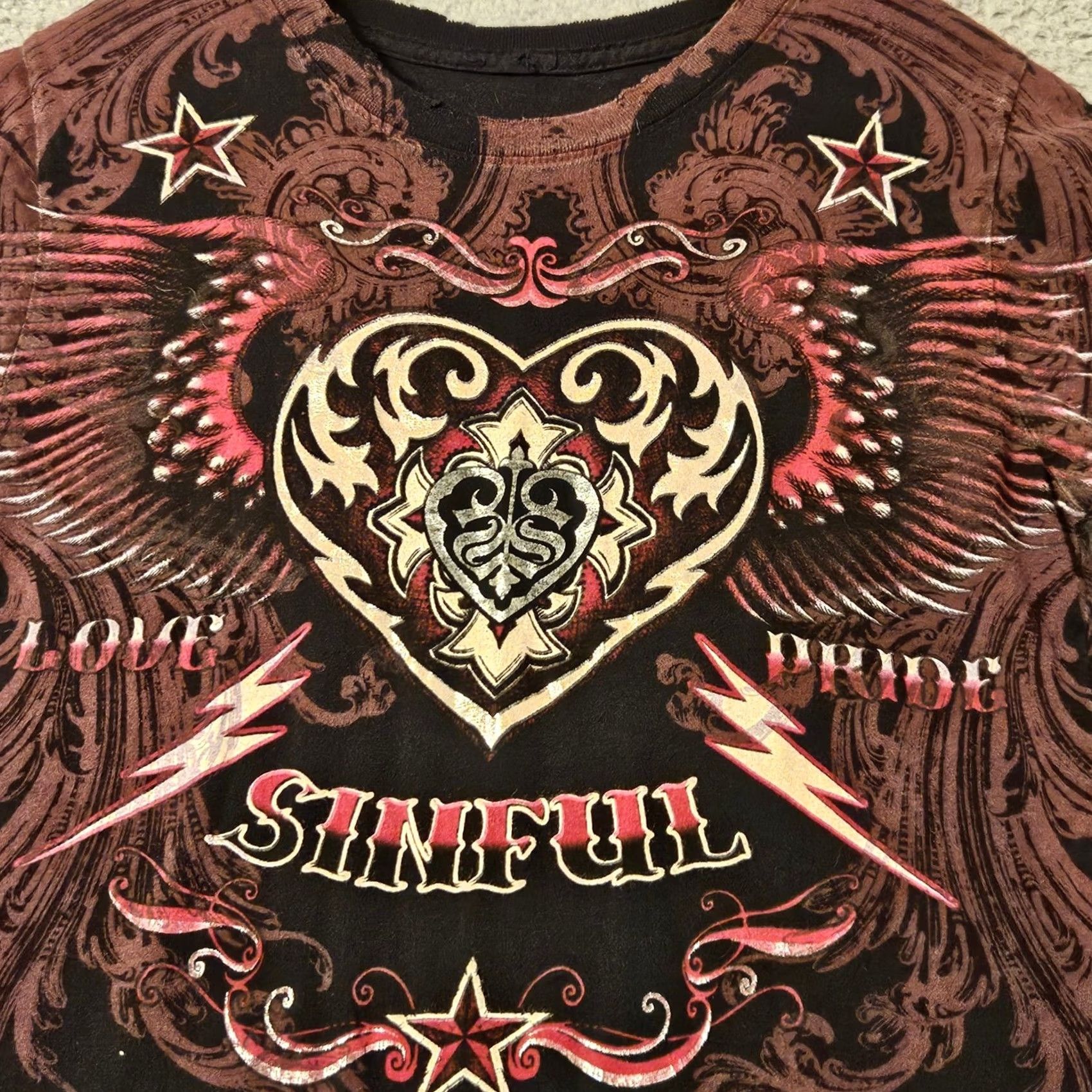 Affliction Sinful Affliction T-Shirt Womens Large Black Y2K Graphic Winged Heart MMA Style Size L / US 10 / IT 46 - 3 Thumbnail