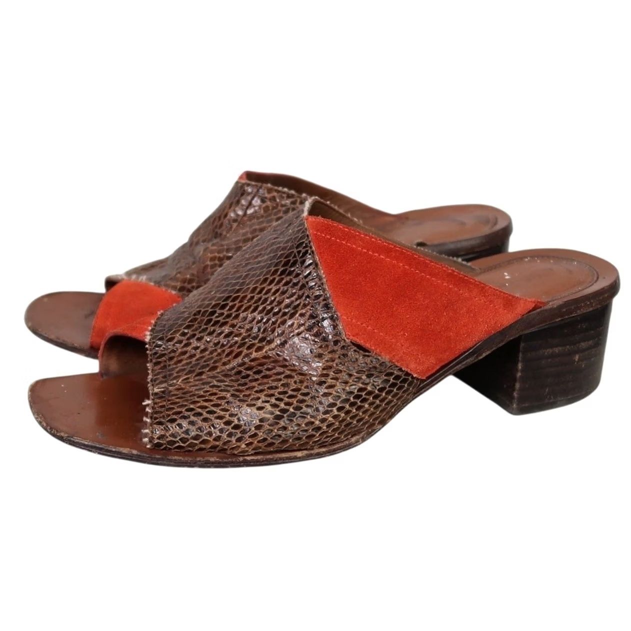 Diane von Furstenberg Diane Von Furstenberg Sandal Women 7.5 Brown Snakeskin Leather Orange Suede Mule Slip-On Block Heel Size US 8 / IT 38 - 4 Thumbnail