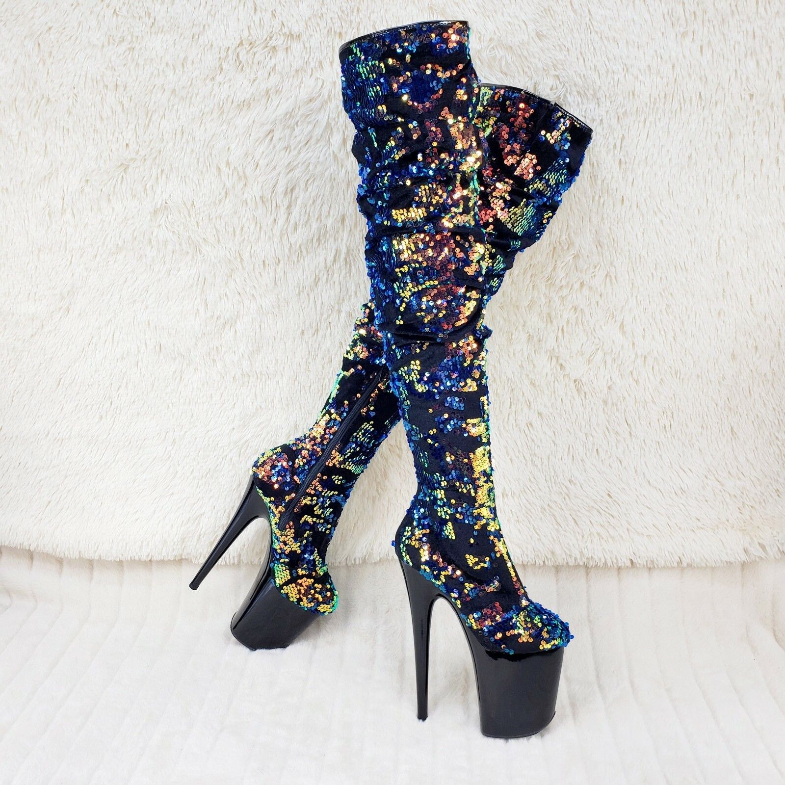 Flamingo 3004 Blue Sequin Slouchy Thigh High Boots 8