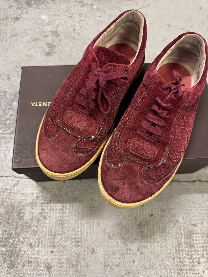 Bottega Veneta Bottega Veneta Intrecciato Woven Suede Bordeaux Leather Low Sneakers Size US 7 / EU 40 - 3 Thumbnail