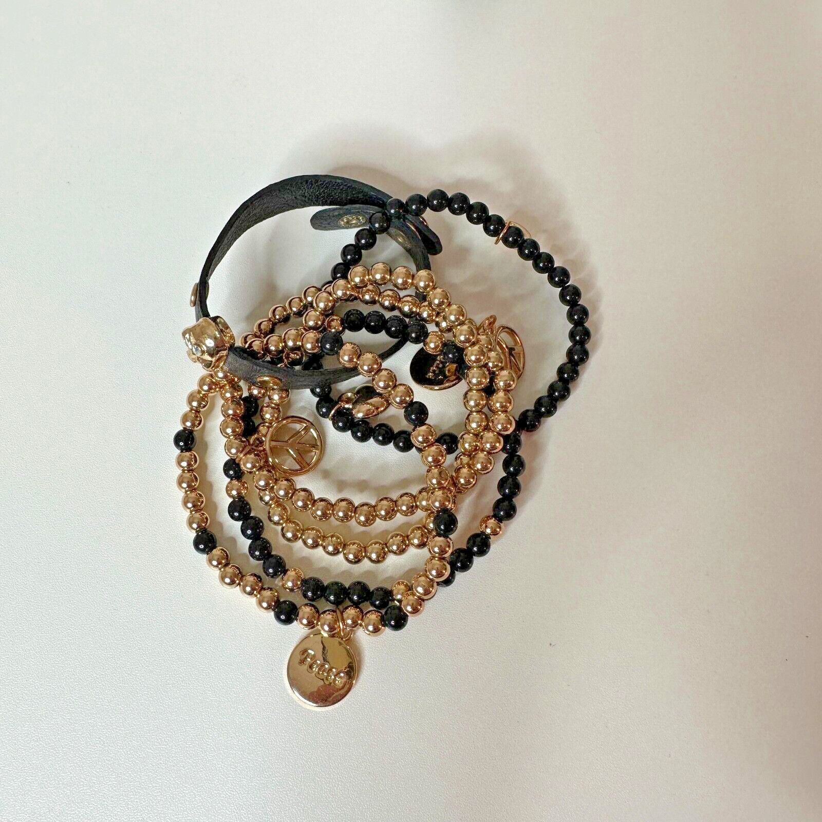 Macys Macy's Black & Gold Skull Heart Peace Bead Leather Bracelet Size ONE SIZE - 5 Thumbnail