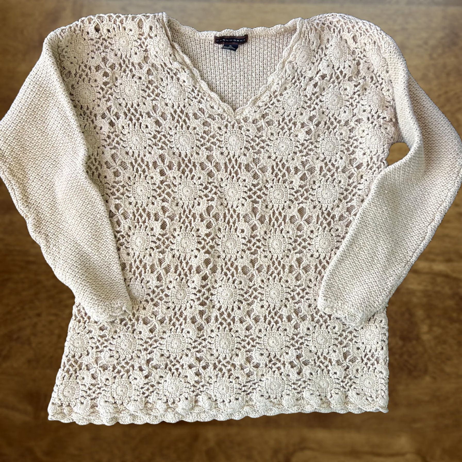 Vintage VINTAGE not specified Yarnworks Sweater Womens XL Beige Crochet Floral Knit V Neck Ramie Cotton Boho Size XL / US 12-14 / IT 48-50 - 1 Thumbnail