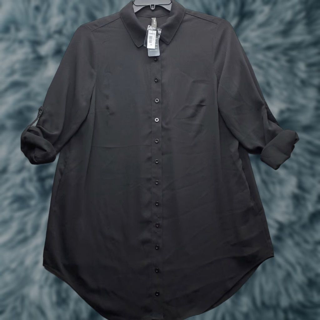 Torrid Torrid Cover Up Shirt Dress Womens 00 Black Button-Up Roll-Tab Sleeve Mini Crepe VINTAGE? Size XXS / US 00 / IT 34 - 1 Thumbnail