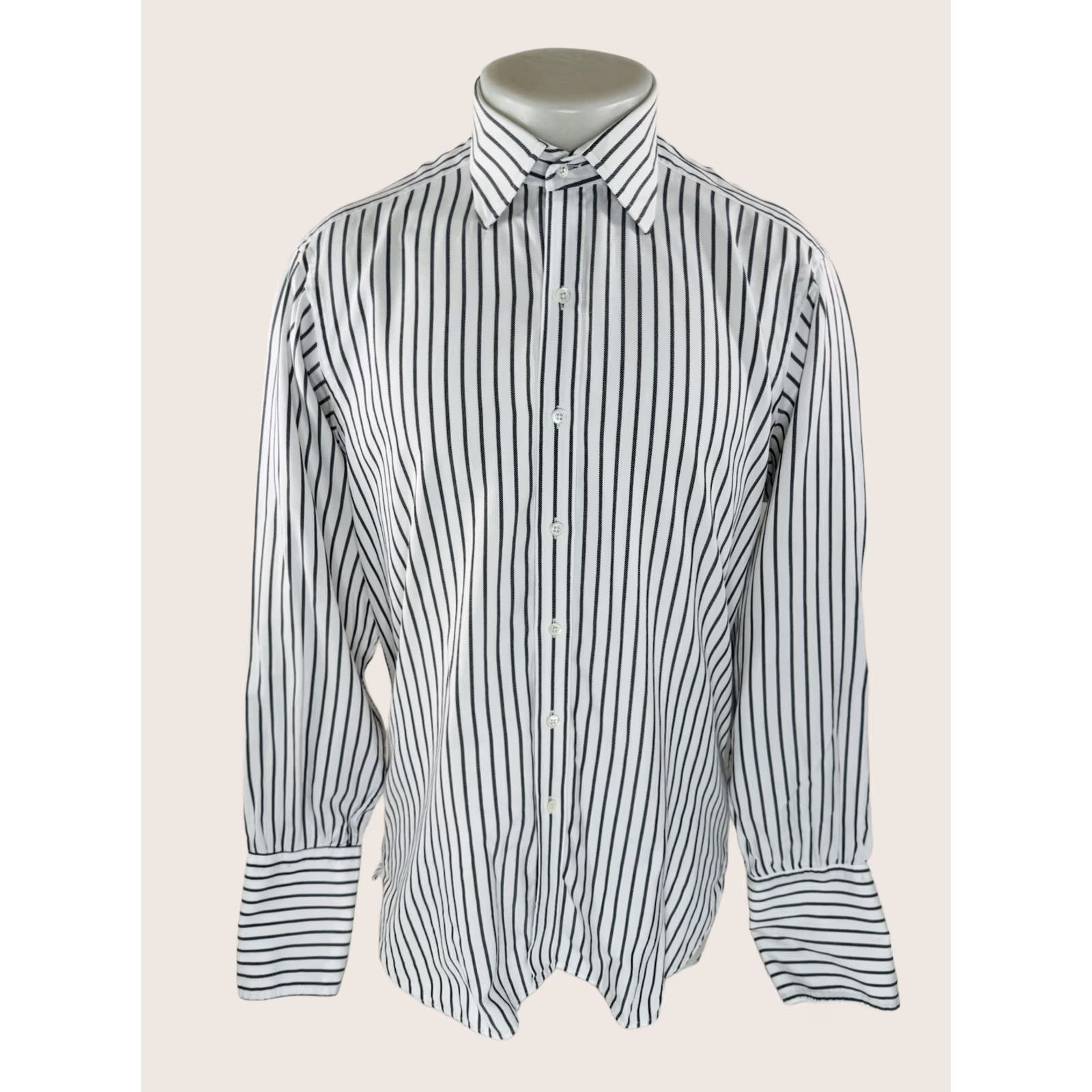 Turnbull & Asser TURNBULL & ASSER Striped Dress Shirt Mens 16 41 White / Black Button-Up Long Sleeve Shirt Mens Shirts 16 41 Size 42R - 1 Thumbnail