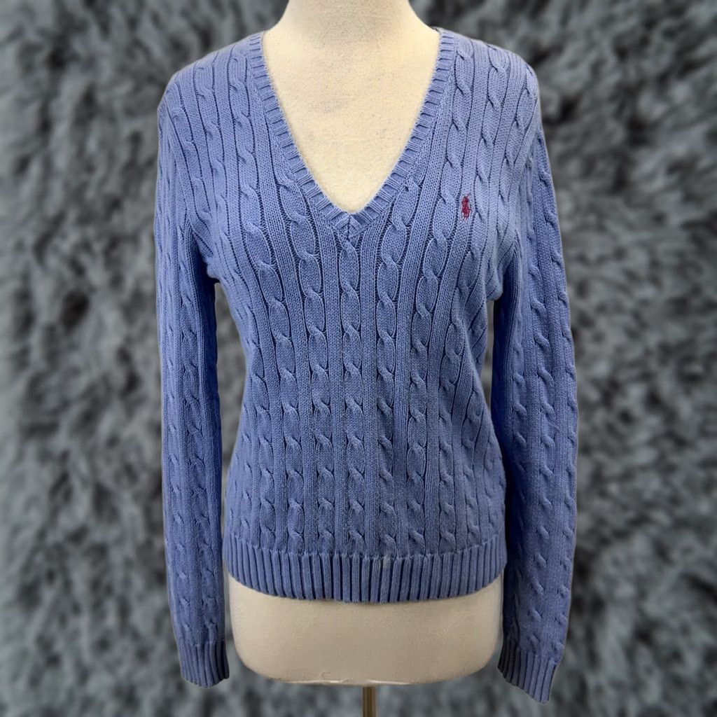 Ralph Lauren VINTAGE Ralph Lauren Sport Cableknit Sweater Women’s XL Blue Pony Logo Vneck Preppy Womens XL Blue Pony Logo V-Neck Pullover Cotton Knit Cable-Knit Size XL / US 12-14 / IT 48-50 - 1 Thumbnail