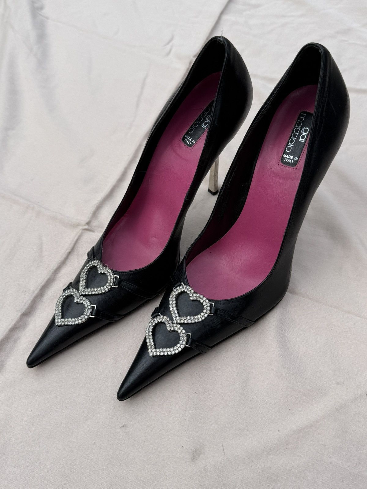 Other Gai Mattiolo Black Leather Crystal Heart Embellished Heels Size US 10 / IT 40 - 1 Thumbnail