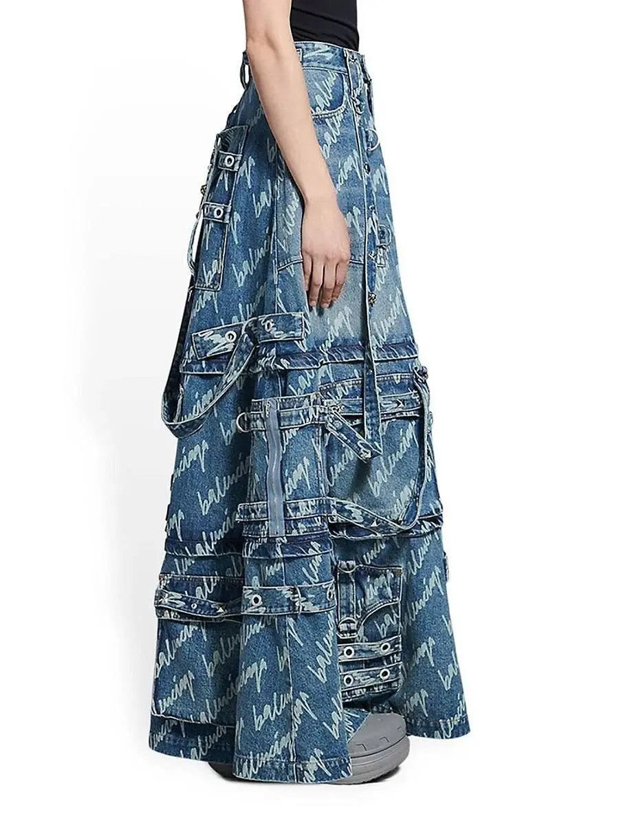 Balenciaga o1in1g0425 Allover Logo Maxi Raver Skirt in Blue Size 25" / US 0 / IT 36 - 4 Thumbnail