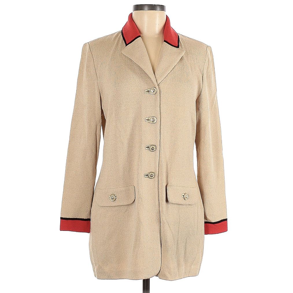 image of St John Couture St John Collection Size 14 Beige Red Cardigan Knit Jacket in Tan, Women's