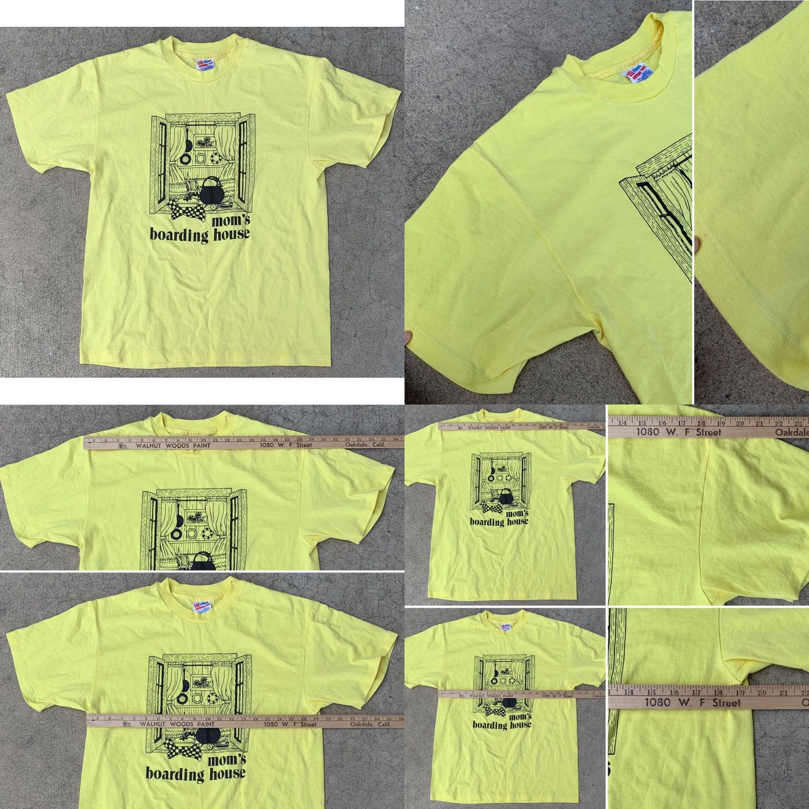 Hanes VINTAGE Hanes T-Shirt Graphic Print Crew Neck Short Sleeve Yellow L Men 80s 90s Retro Moms Boarding House Single Stitch Made in USA Size US L / EU 52-54 / 3 - 8 Thumbnail