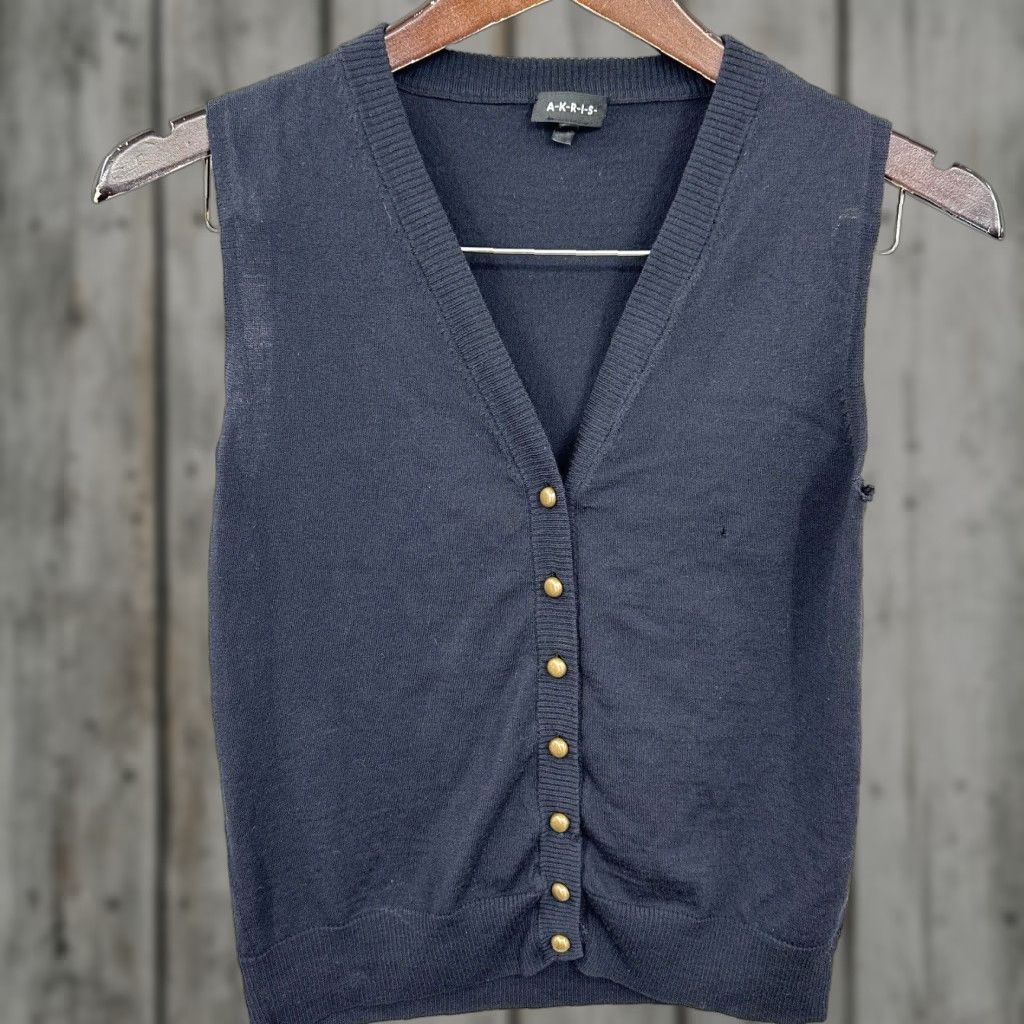 Akris Vest Womens XS Navy Blue Button Front Wool Blend Classic Preppy Style