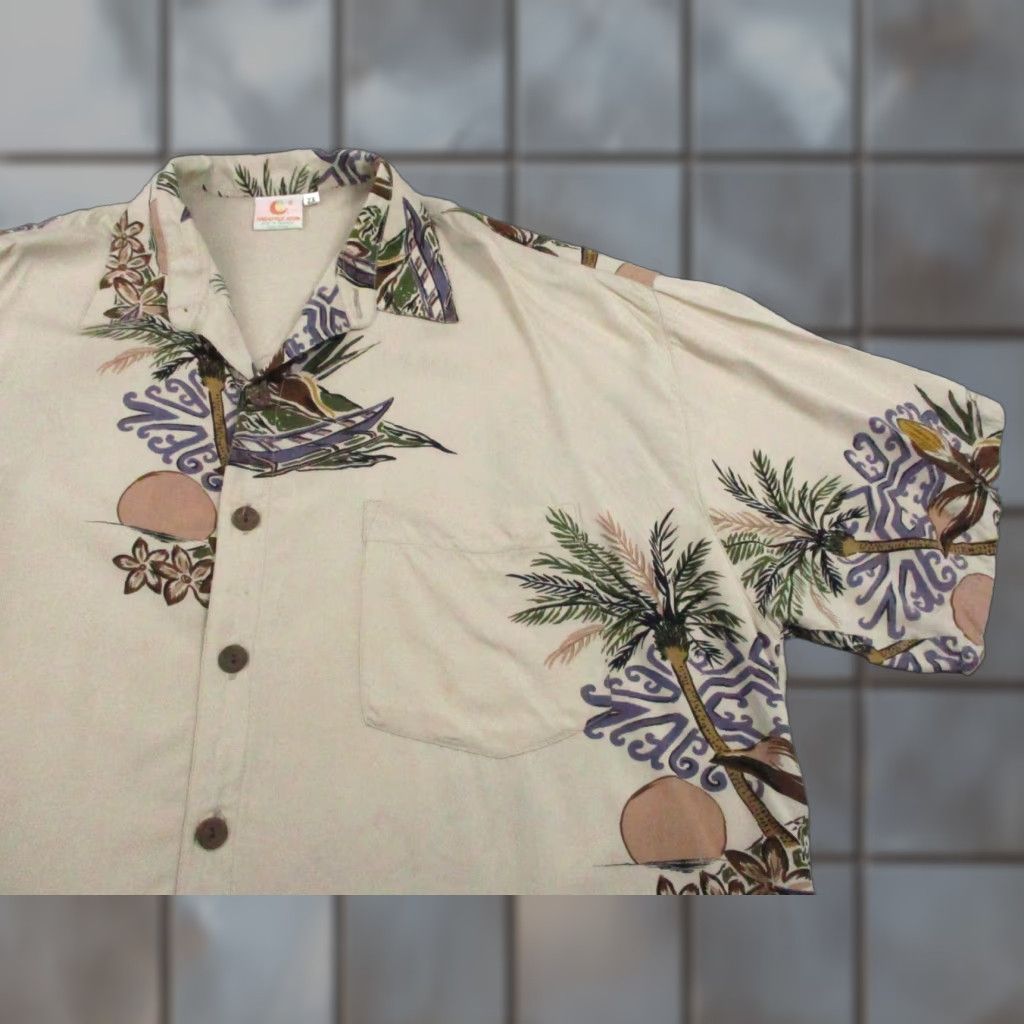 Vintage Pineapple Moon Shirt Mens 2XL Beige Hawaiian Aloha Rayon Palm Tree Print Casual Vintage Beach Boat Shirt Mens 2XL Size US XXL / EU 58 / 5 - 1 Thumbnail