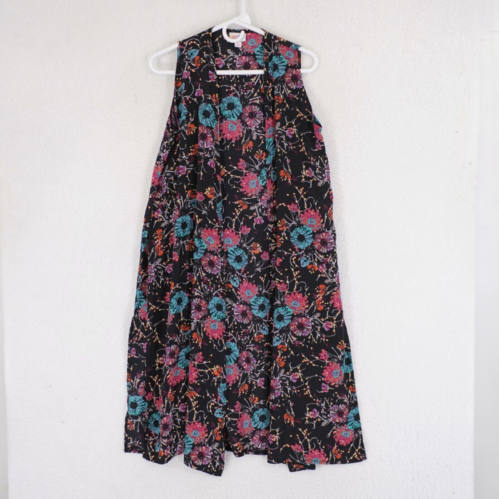 Designer LuLaRoe Small Long Open Blouse / Top Black Teal Pink Floral Size S / US 4 / IT 40 - 1 Thumbnail
