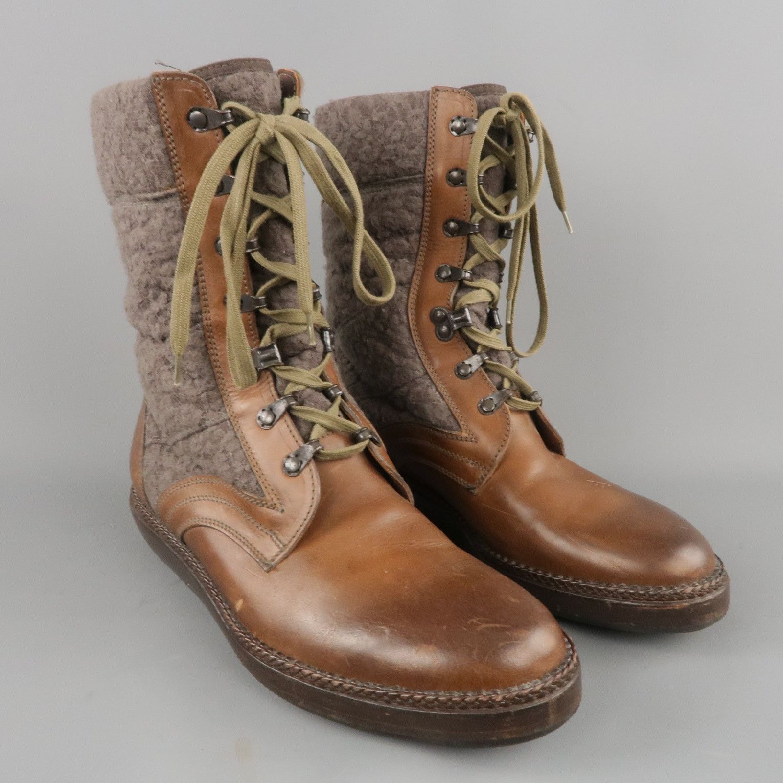 Lanvin Size 7 Brown Leather & Textured Lace Mid Calf Combat Boots Size US 7 / EU 40 - 2 Thumbnail