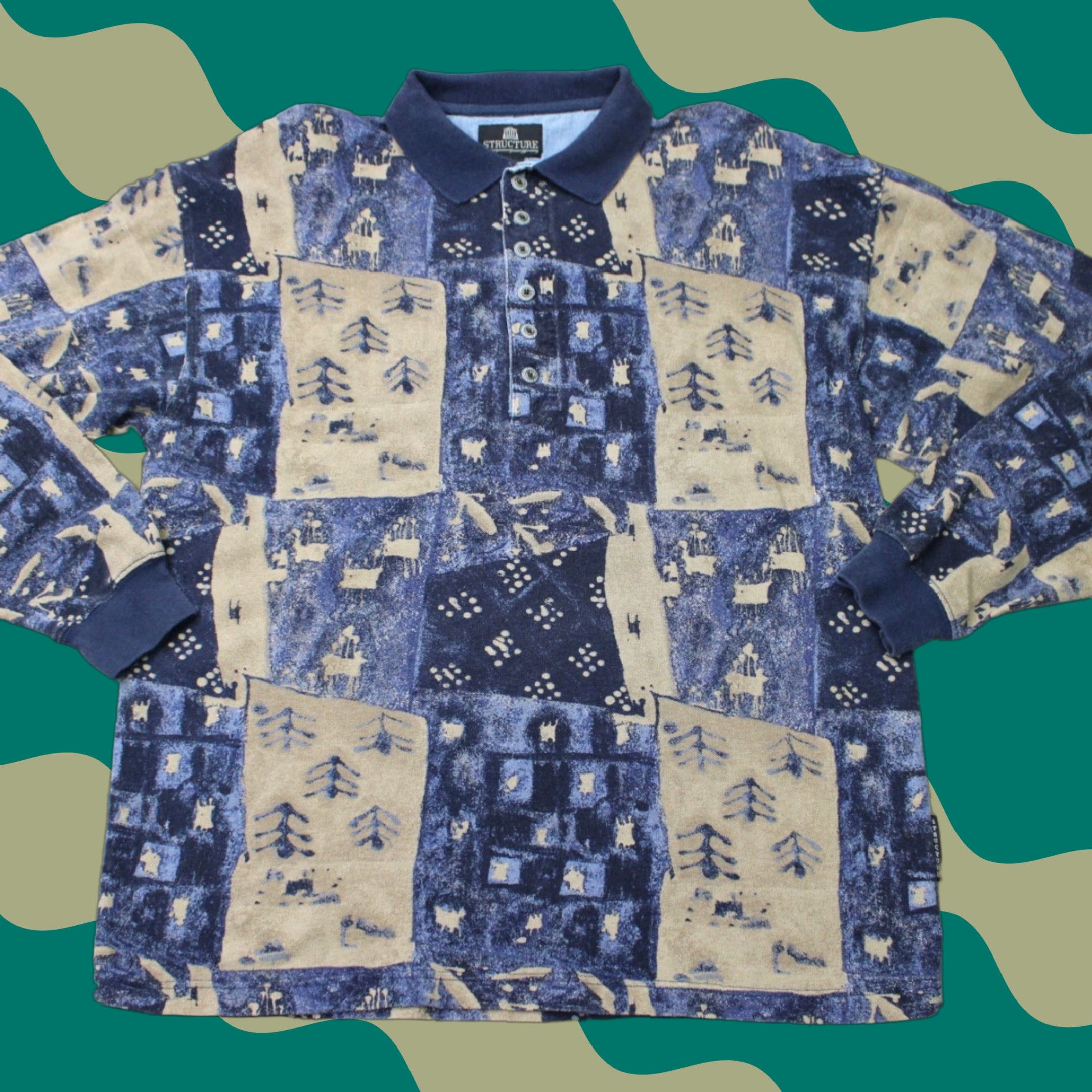 Vintage Structure Polo Shirt Mens Medium Blue/Tan Geometric 100% Cotton Long Sleeve Size US M / EU 48-50 / 2 - 1 Thumbnail