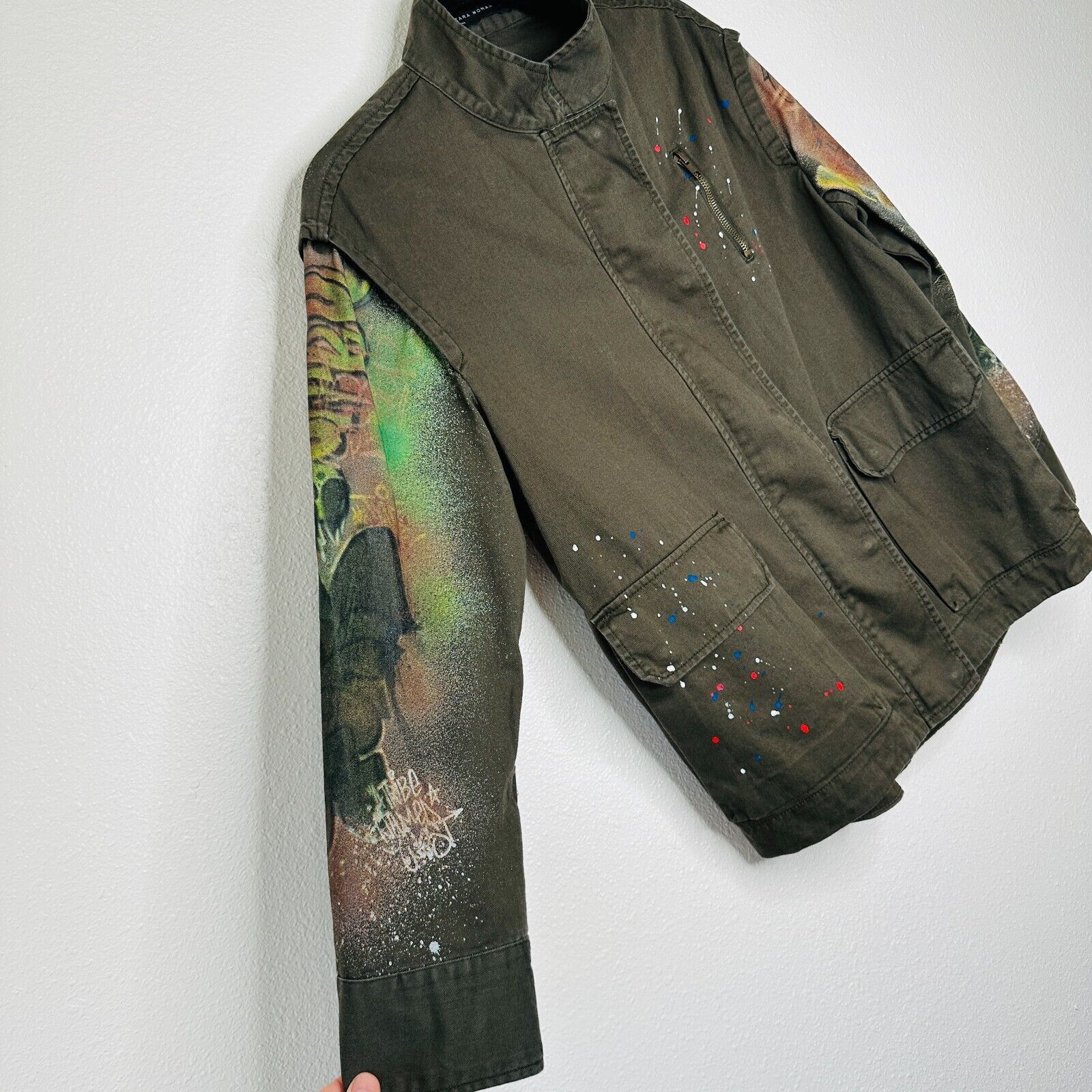 Zara Zara Army Green Grafitti New York Jungle Zip Utility Jacket Size XS / US 0-2 / IT 36-38 - 7 Thumbnail