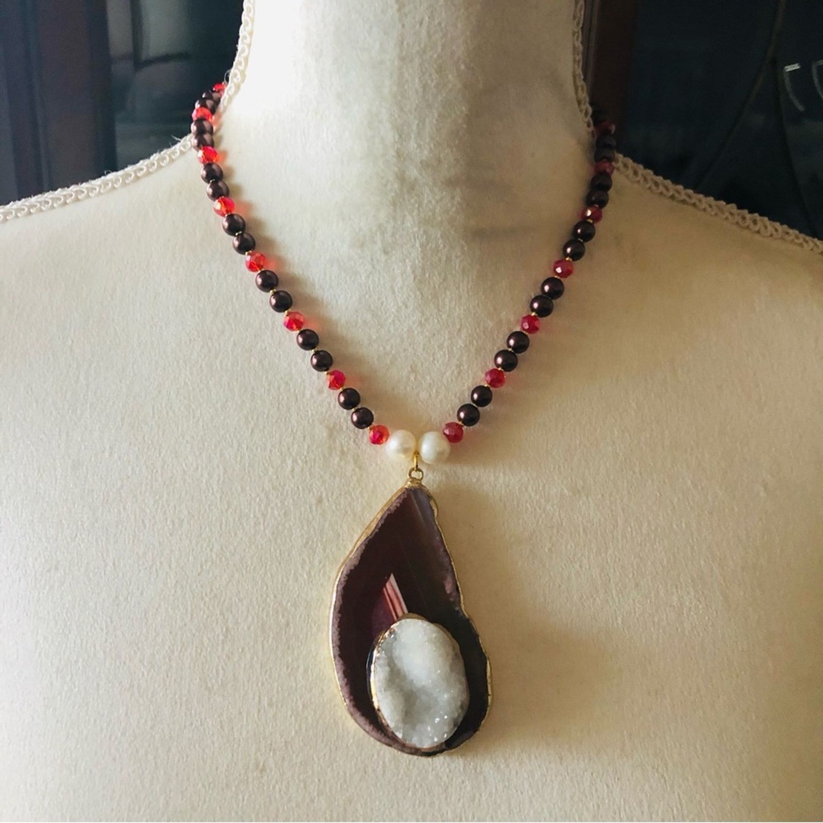 Handmade Handcrafted repurpose drusy agate slab Pearl necklace Size ONE SIZE - 3 Thumbnail