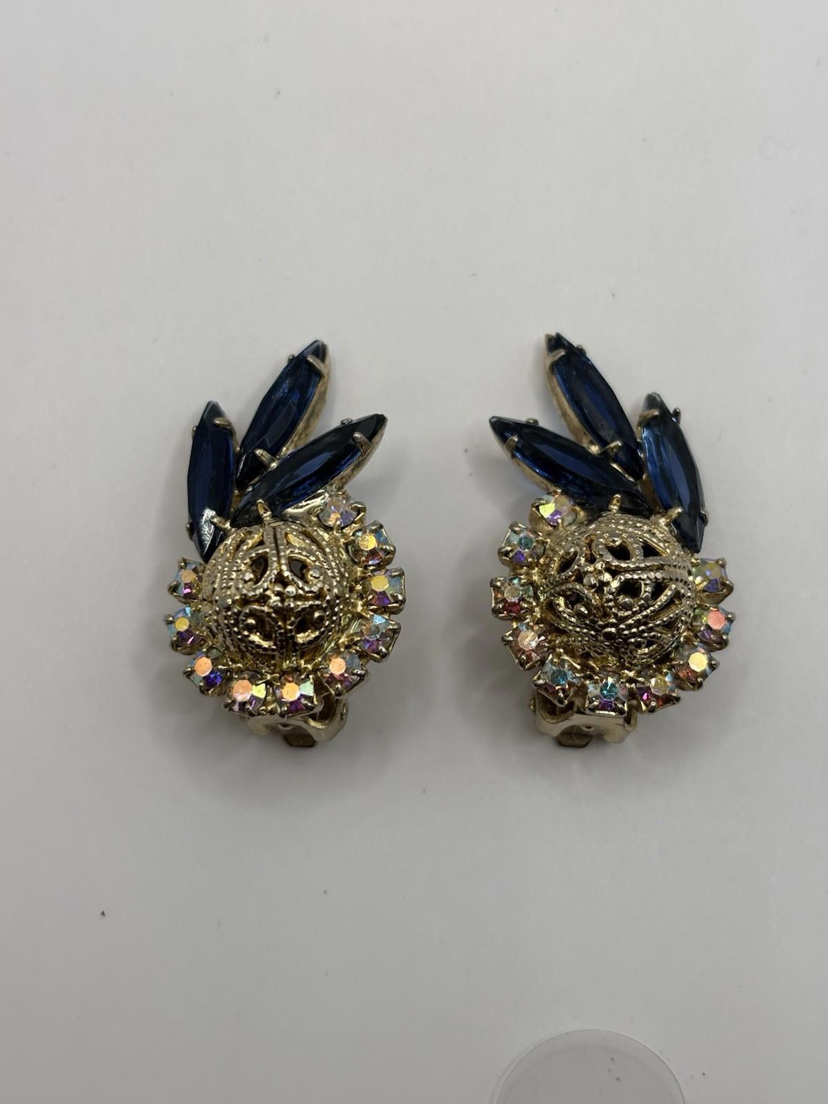 The Unbranded Brand Vintage Aurora Borealis Blue Filigree Gold Earrings Size ONE SIZE - 1 Thumbnail