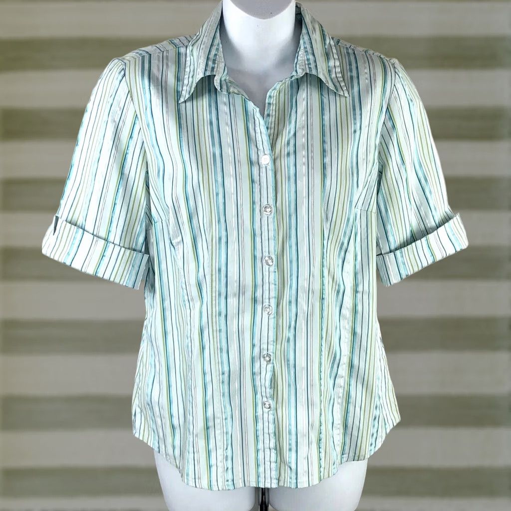 Vintage VINTAGE Studio 1940 Top M Green stripe Button Up 3/4 Sleeves Office Y2K Capsule Size M / US 6-8 / IT 42-44 - 1 Thumbnail