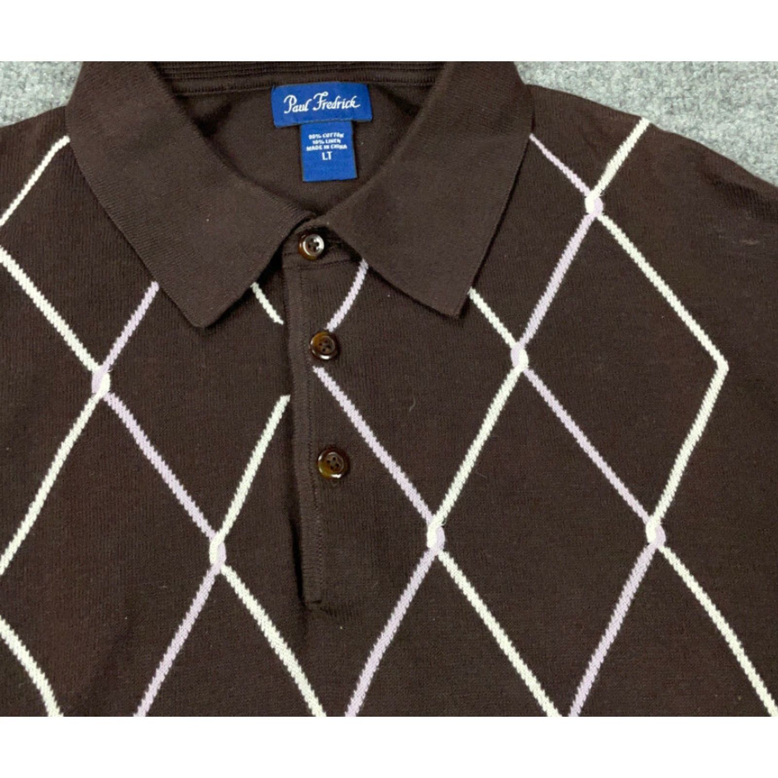 Vintage Paul Fredrick Sweater Adult Large Tall Brown Collared Knit Lightweight Cotton-Linen Diamond Argyle 80s 90s Retro Mens Size US L / EU 52-54 / 3 - 7 Thumbnail