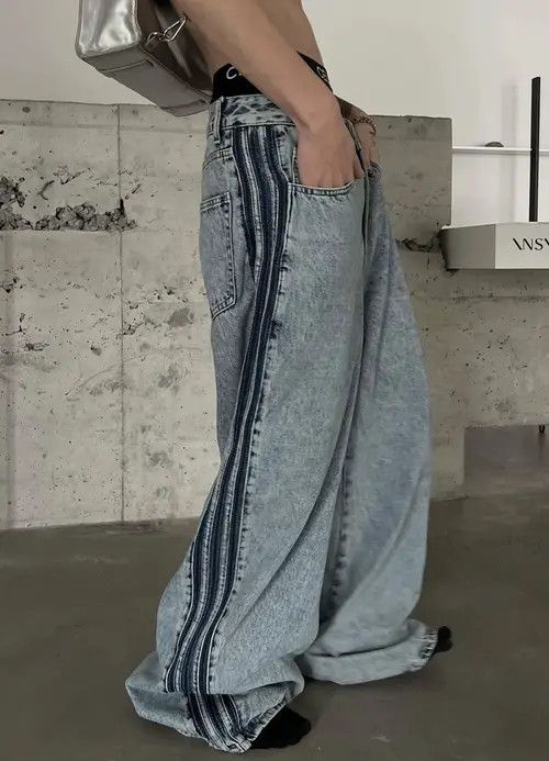 VIBE Avant garde fashion acid wash side striped baggy jeans pants Size US 32 / EU 48 - 4 Thumbnail