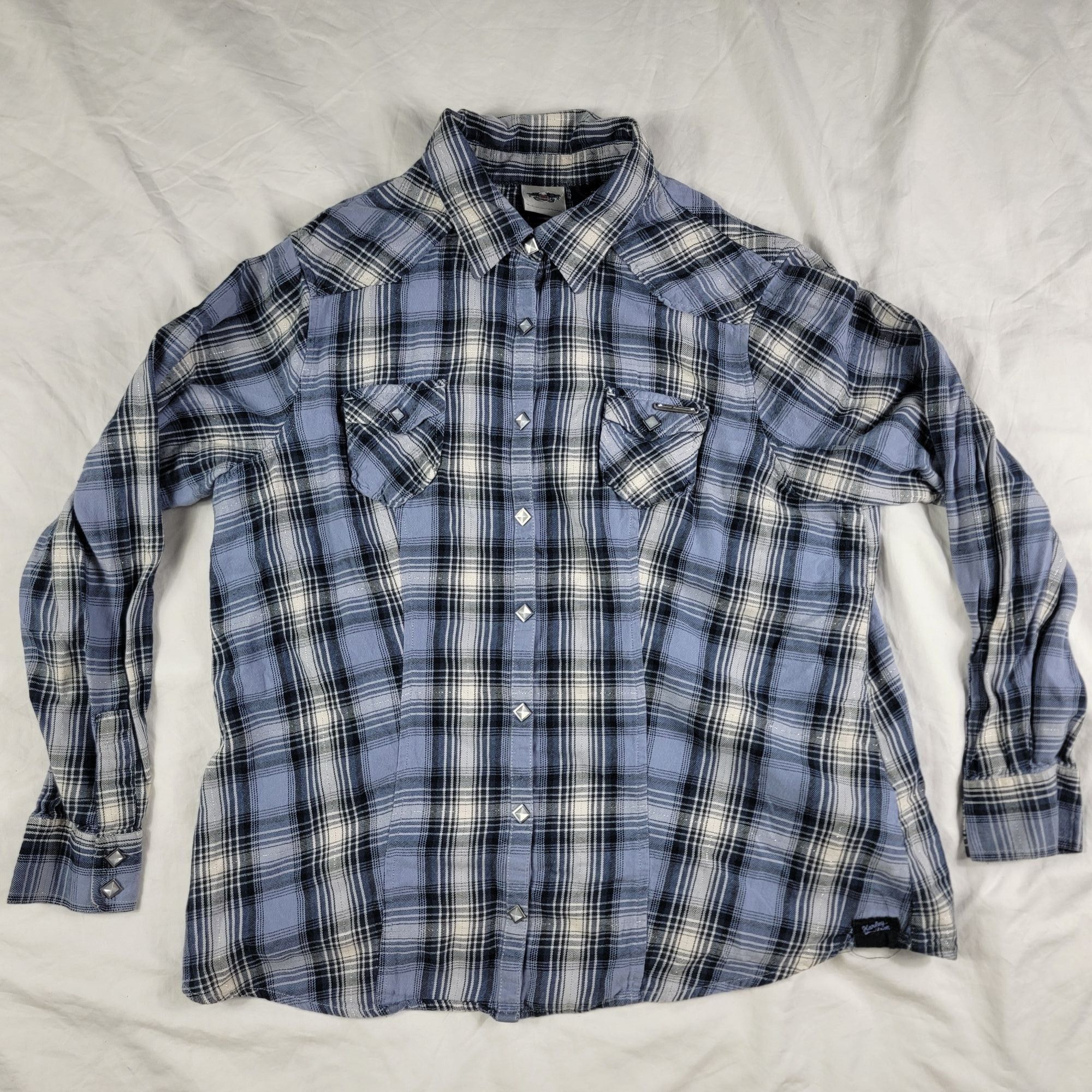 Harley Davidson Harley Davidson Womens 1W Blue Plaid Button Up Shirt Motorcy Size ONE SIZE - 1 Thumbnail