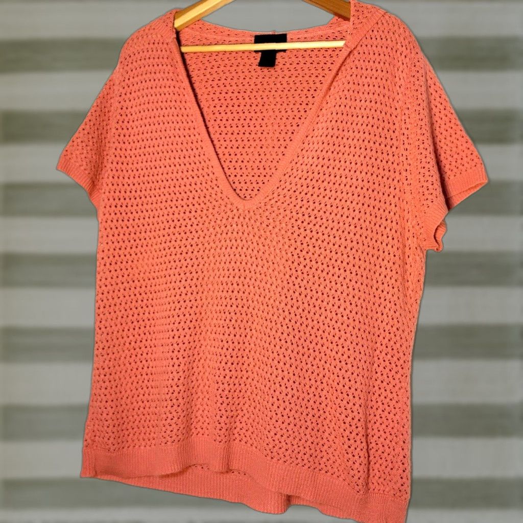 Vintage Lane Bryant Sweater Hooded Open Knit Short Sleeve V-Neck Casual Pullover Plus Size 22/24 Salmon Pink Size 3XL / US 20-22 - 1 Thumbnail